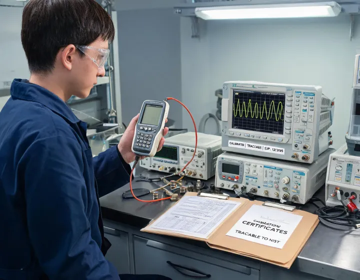 Engineer reviewing RF measurement at a calibrated lab bench