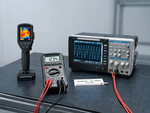Thermal camera and digital multimeter on electronics bench